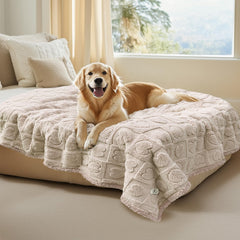 Luciphia waterproof dog blanket on sofa protects furniture from spills and pet hair.