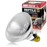 Lucky Herp 100W UVB vapor heat lamp bulb illuminated for terrarium basking.