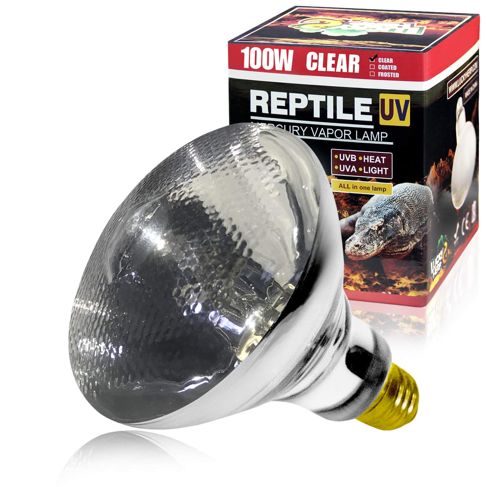 Lucky Herp 100W UVA UVB vapor lamp provides warm basking light for reptiles.