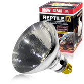 Lucky Herp 100W UVA UVB vapor lamp provides warm basking light for reptiles.