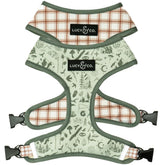 Lucy & Co reversible harness front view in green plaid, dual print for versatile daily walks.