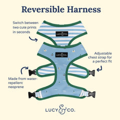 Lucy & Co Set Sail harness back view shows reversible pattern for versatile styling.