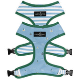 Lucy & Co Set Sail harness front view, blue sailboats design for comfortable daily walks.