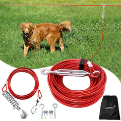LUFFWELL dog runner main cable shows durable stainless steel construction for safe yard roaming.