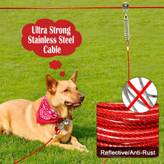 LUFFWELL dog runner cable view shows 100 ft length for expansive roaming