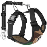 Lukovee camouflage double-clip dog seat belt secures pets during car trips.
