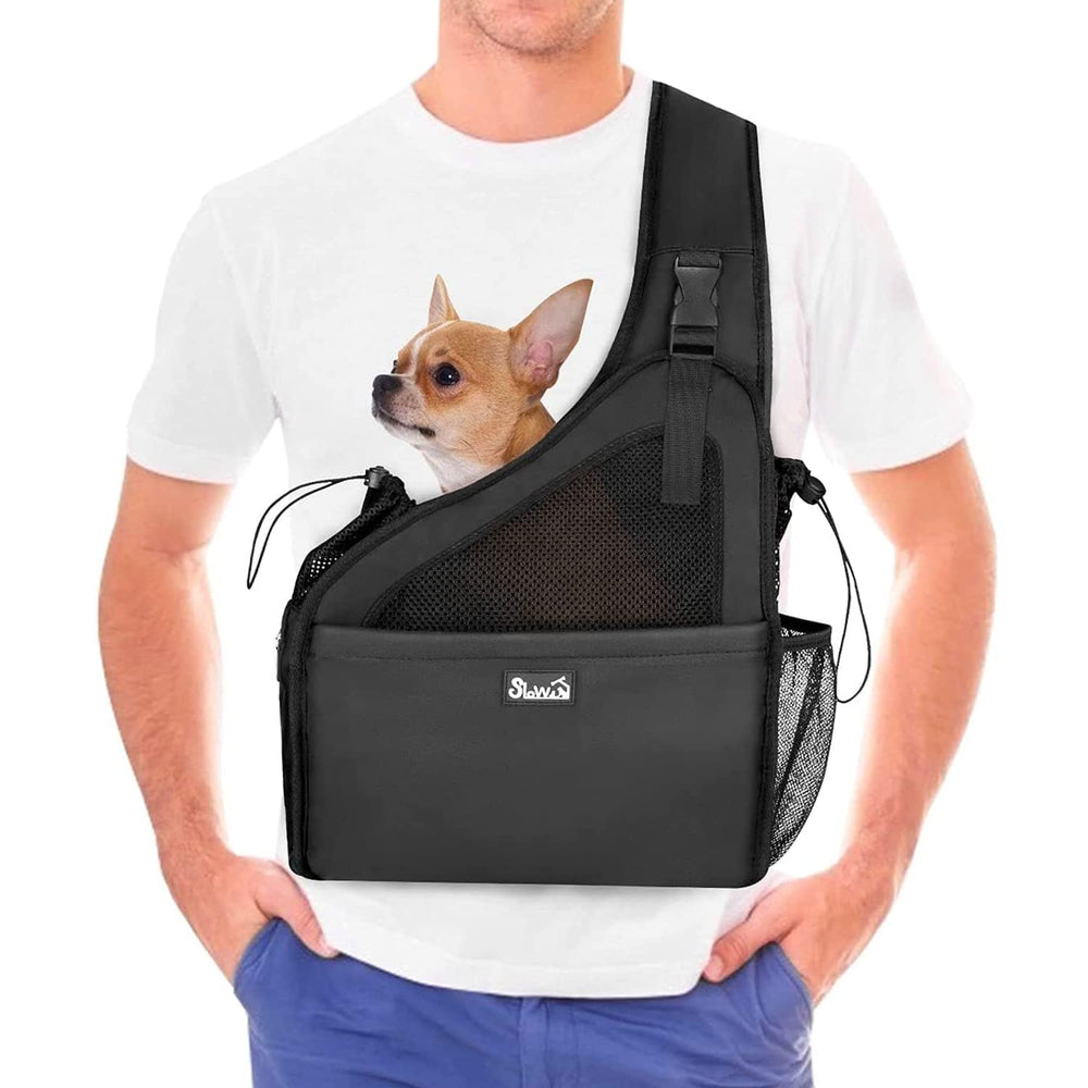 Lukovee dog sling with hard bottom plate providing sturdy support for small dogs during outdoor walks