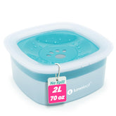 LumoLeaf No Spill Water Bowl blue closeup with floating disk reduces splashing.