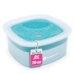 LumoLeaf No Spill Water Bowl blue closeup with floating disk reduces splashing.