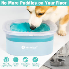 LumoLeaf No Spill Water Bowl blue side view shows splash-proof design.