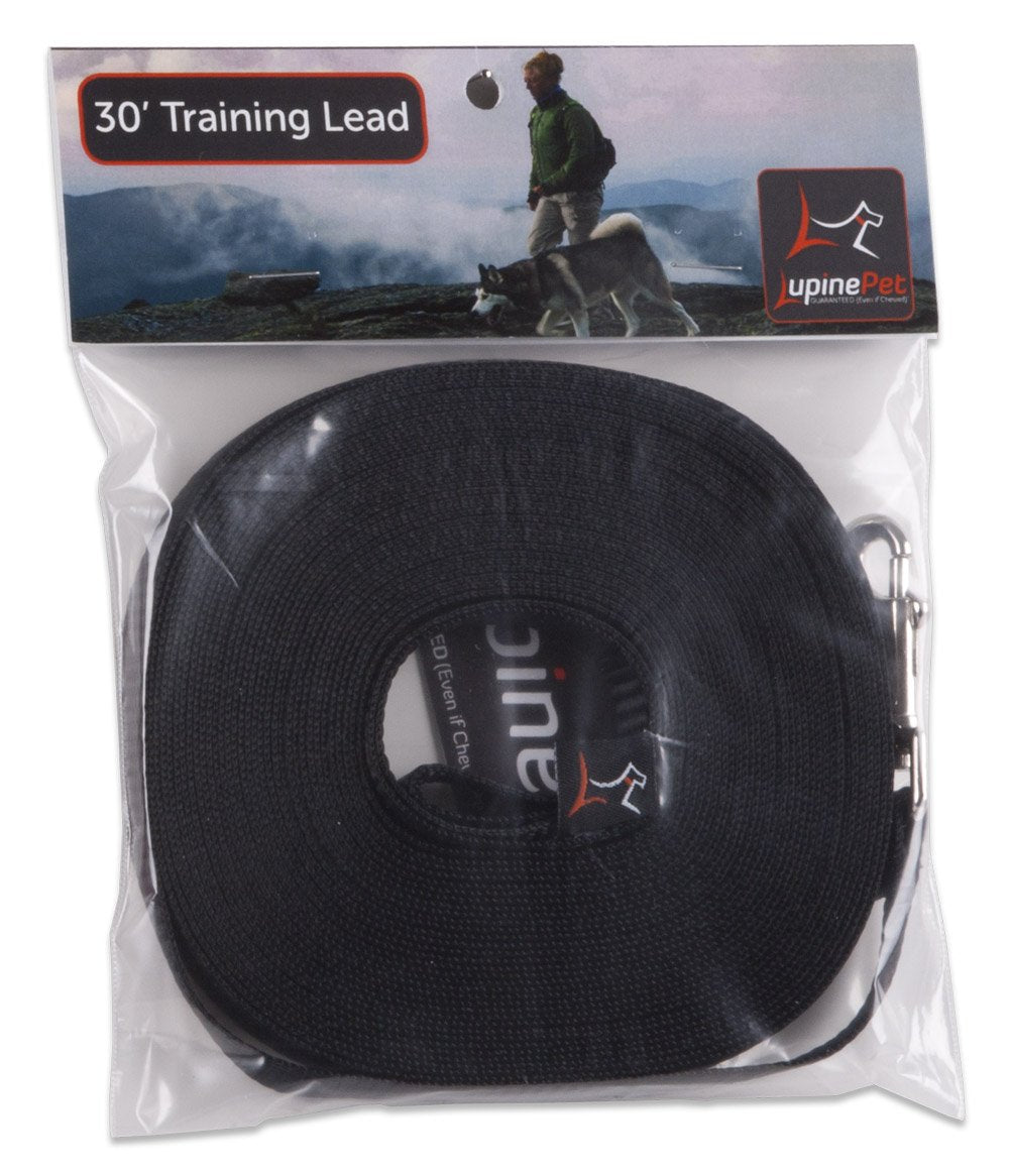LupinePet Basics 30ft training lead in black for small dogs, supports recall training