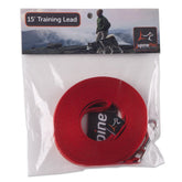 LupinePet Basics red 15ft leash with self-loop handle for puppy training and controlled distance.