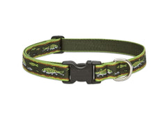 LupinePet Originals Brook Trout collar closeup highlighting durable welded steel D-ring for secure adventures