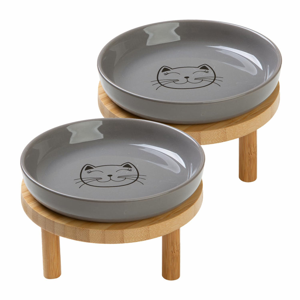 Lusifaco shallow elevated bowls in grey with bamboo stand for stable feeding.