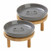 Lusifaco shallow elevated bowls in grey with bamboo stand for stable feeding.