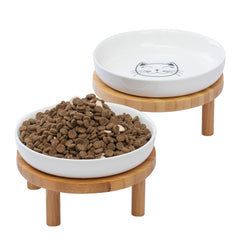Lusifaco shallow elevated cat bowls on bamboo stand prevent spills and mess.