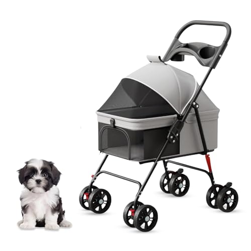LUXE CARES 4-Wheel Foldable Pet Stroller front-view with breathable mesh canopy for easy strolls.