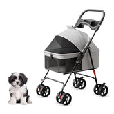 LUXE CARES 4-Wheel Foldable Pet Stroller front-view with breathable mesh canopy for easy strolls.