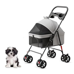 LUXE CARES 4-Wheel Foldable Pet Stroller front-view with breathable mesh canopy for easy strolls.