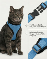 Luxelle double-buckle secure cat harness provides reliable escape prevention on adventures.