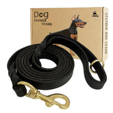 LWBMG black leather dog leash 6ft close-up shows sturdy control for daily walks.