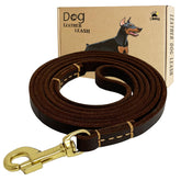 LWBMG Leather Dog Leash closeup shows soft braided leather and durable stitching for daily walks.