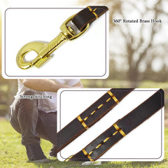 LWBMG Leather Dog Leash in-use walking scene shows 6ft reach for controlled outdoor activity.