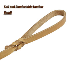LWBMG leather dog leash copper ring handle for convenient bag attachment.
