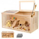 LWYMX wooden hamster cage front view shows a sturdy pine frame with safe access.
