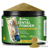Lysimi dog dental powder tin label shows mint formula for fresh breath.