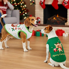 LyssKMK snowman-pattern dog shirt on a small dog for seasonal charm.