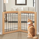 LZRS 2-panel freestanding dog gate in wood for safe indoor containment.