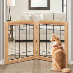 LZRS 2-panel freestanding dog gate in wood for safe indoor containment.
