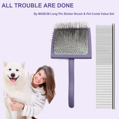 MABCM purple long-pin brush highlights ergonomic wooden handle for comfortable at-home grooming.
