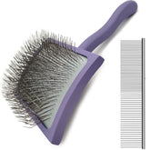 MABCM slicker with curved pins for long-haired dogs reduces tangles and promotes smoother coats.