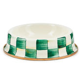 MACKENZIE-CHILDS enamel cat dish front view with emerald check adds stylish dining