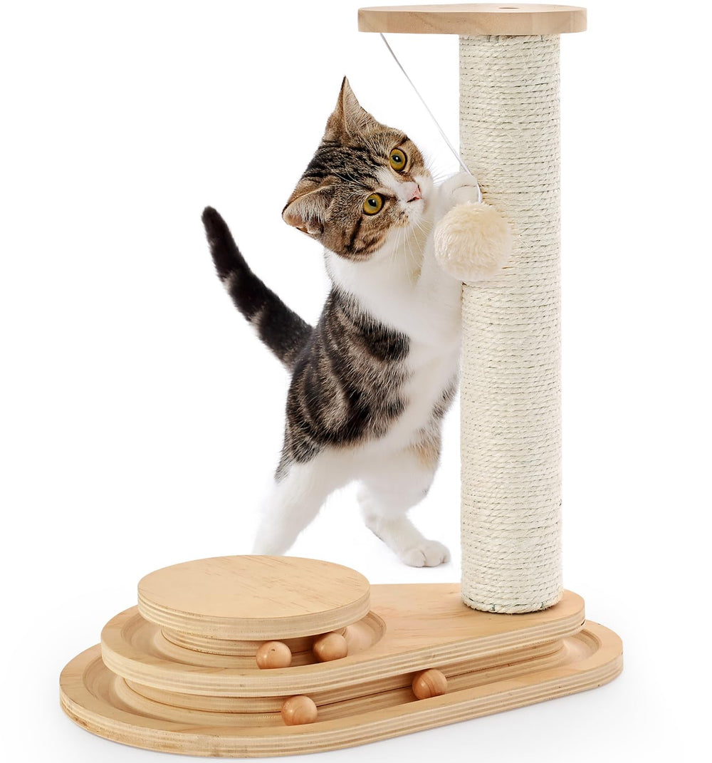 MADE 4 PETS cat scratching post with wooden ball track for indoor play.