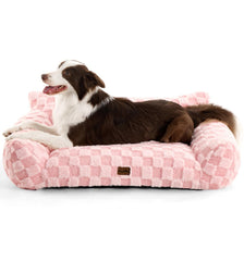 Made4Pets dog couch-bed with soft faux fur checkered texture for cozy lounging.