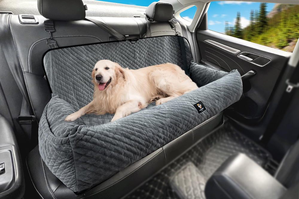 MagicFox dog car seat on back seat in grey showing universal back-seat fit for medium and large dogs