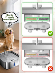 MAILOFY Large Dog Water Fountain filter system image shows four-layer filtration for clean water.