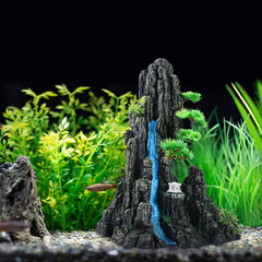 Mairuker mountain-view rock cave decor waterfall adds serene underwater scenery for bettas and goldfish.