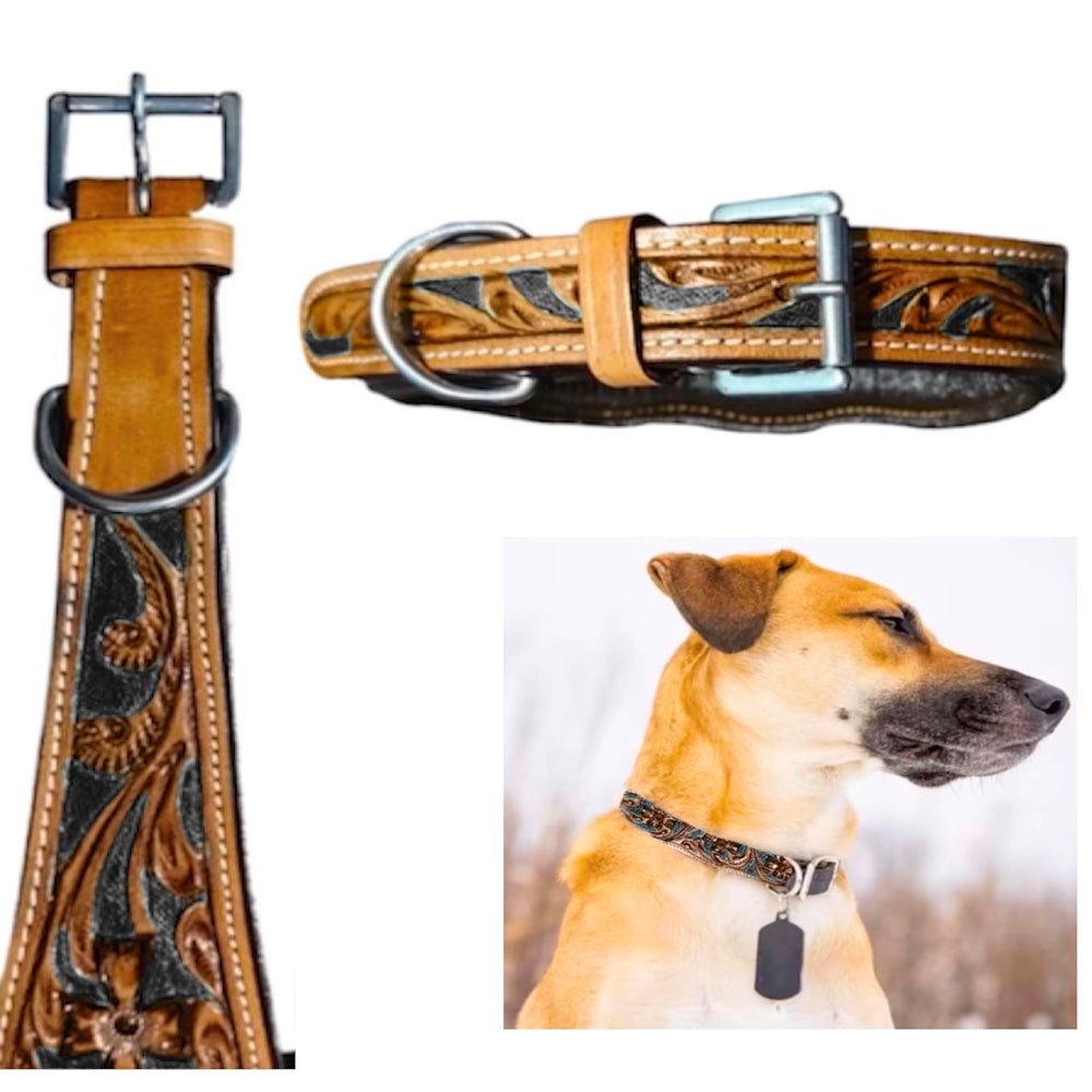 Majestic Ally leather dog collar hand-tooled detail enhances rustic craftsmanship for stylish dogs.