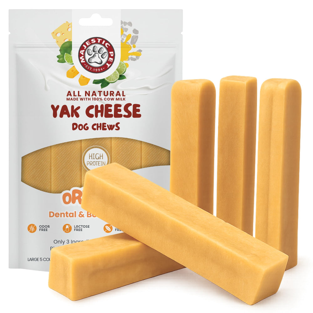 Majestic Pet Himalayan yak cheese chew packaging highlights long-lasting chew and dental support