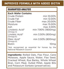 Majesty's Omega Wafers ingredients highlight omega-3, -6, -9 and biotin for balanced equine nutrition.
