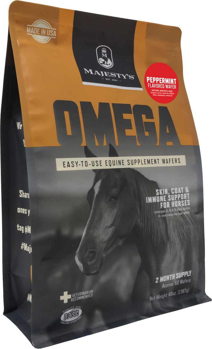 Majesty's Omega Wafers packaging front showing a horse supplement for skin and coat support