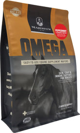 Majesty's Omega Wafers packaging front showing a horse supplement for skin and coat support