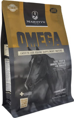 Majesty's Omega Wafers packaging shows a 30-count bag for convenient monthly supplementation.
