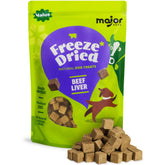 MAJOR PETS beef liver treats packaging highlighting single-ingredient, clean-label design for simple shopping.