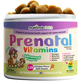Makondo Pets dog prenatal soft chews bottle close-up for prenatal support and palatability