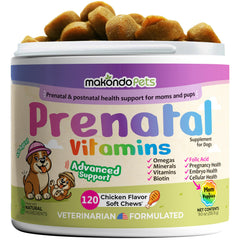 Makondo Pets dog prenatal soft chews bottle close-up for prenatal support and palatability